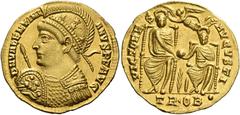 Roman Coins Valentinian I, 364 – 375 Solidus, Treveri circa 370, AV 21 mm, 4.45 g. D N VALENTINI – ANVS P F AVG Pearl-diademed and cuirassed bust l., wearing helmet decorated with four stars, holding 