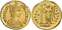 Roman Coins Galla Placidia, mother of Valentinian III Solidus, Aquileia 425, AV 21 mm, 4.43 g. D N GALLA PLA – CIDIA P F AVG Pearl-diademed and draped bust r., wearing necklace and crowned above by th
