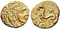 Celtic Coins Central Gaul, Parisii Stater, branch mint circa 100-57 BC, AV 7.36 g. Stylized head of Apollo r., with cross on cheek. Rev. Stylized horse galloping l.; above, ornate wing and below, rose