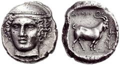 Greek Coins Aenus Tetradrachm circa 402-399, AR 14.94 g. Facing Head of Hermes, slightly to l., wearing brimless petasus . Rev. AINIO Goat standing right; in r. field, corn stalk. All within partially