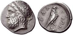 Greek Coins Elis Stater circa 356, 106th Olympiad, AR 12.22 g. Laureate head of Zeus l. Rev. FAL - EIWN Eagle, with closed wings, standing r. on Ionic column capital. SNG Delepierre 2147 (this obverse