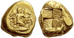 Greek Coins Mysia, Cyzicus Stater circa 460-400, EL 16.05 g. Helios, naked, kneeling on r. knee and holding foreparts of two horses prancing l. and r. at his sides by bridles; below, tunny r. Rev. Qua