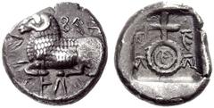 Greek Coins Cyprus, Kings of Salamis Nicodamus. 1/3 stater circa 460-450, AR 3.26 g. Ba-si-le-fo-se Ni-ko-da-mo in Cypriot characters around ram lying l. Rev. Mi-la / ni-si in Cypriot characters aroun