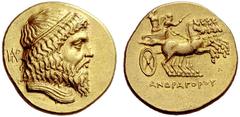 Greek Coins Satraps of Parthia, Andragoras late 4th century BC – mid 3rd century Stater, Ectabana circa 315, AV 8.49 g. Diademed and draped bust of Zeus r.; behind, monogram. Rev. Fast quadriga driven