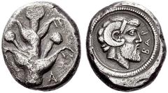 Greek Coins Cyrenaica, Barce Tetradrachm circa 465, AR 16.33 g. Silphium plant; in lower field, B – A. Rev. BAP Head of Zeus Ammon r. Traité 1948 and pl. CCXLIX, 7 (this coin). BMC pl. 33, 14 (this co