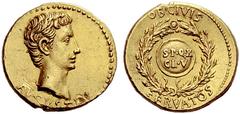 The Roman Empire Octavian as Augustus, 27 BC – 14 AD Aureus, Colonia Caesaraugusta circa 19-18 BC, AV 7.85 g. Bare head r.; below, AVGVSTVS. Rev. OB CIVIS / SERVATOS Shield in inscribed S P Q R / CL V