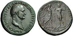 The Roman Empire Vespasian, 69 – 79 Sestertius 71, Æ 25.46 g. IMP CAESAR VESPASIANVS AVG P M TR P P P COS III Laureate head r., with drapery on far shoulder. Rev. VICTORIA AV – GVSTI Victory advancing