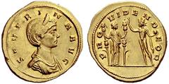 The Roman Empire Severina, wife of Aurelianus Aureus, Ticinum 274-275, AV 6.39 g. SEVERI – NA AVG Diademed and draped bust r. Rev. PRO – VIDEND – EOR Sol standing l., holding globe and raising r. hand