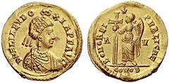 The Roman Empire Licinia Eudoxia, wife of Valentinian III Solidus, Ravenna after 439, AV 4.41 g. D N ELIA EVDO – XIA P F AVG Pearl-diademed and draped bust r. cross over shoulder. Rev. BONO – REI PVBL