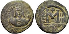 The Byzantine Empire Heraclius, 610 – 641 Follis, Jerusalem year IV (613-614), Æ 12.55 g. D N hRACL P P AVG Crowned bust facing, wearing consular robes and holding mappa and eagle-tipped sceptre. Rev.