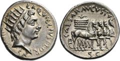 The Roman Empire The Dioscuri Collection. The Roman Empire. Octavian 32 – 27 and as Augustus, 27 BC – 14 AD. Roma L. Aquillius Florus. Denarius circa 19 BC, AR 19 mm, 3.81 g. L AQVILLIVS FLOR – VS III