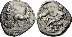 Greek Coins Messana. Tetradrachm circa 420-413, AR 28 mm, 17.13 g. ΜΕΣΣΑΝΑ Slow biga of mules driven r. by charioteer, holding reins and kentron; in exergue, two dolphins swimming snout to snout. Rev.