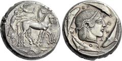 Greek Coins Syracuse. Tetradrachm circa 460, AR 25 mm, 17.30 g. Slow quadriga r. on exergual line, driven by charioteer standing, holding reins in both hands; above, Nike flying l. and crowning chario