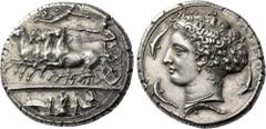 Greek Coins Syracuse. Decadrachm signed by Kimon circa 405-400, AR 36 mm, 43.34 g. Fast quadriga driven l. by charioteer, holding reins and kentron; in field above, Nike flying r. to crown him. In exe