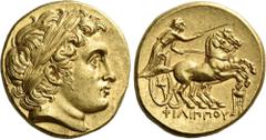 Greek Coins Philip II, 359 – 336 and posthumous issues. Stater, Colophon circa 322, AV 17 mm, 8.60 g. Laureate head of Apollo r. Rev. ΦΙΛΙΠΠΟΥ Prancing biga r., driven by charioteer holding kentron an