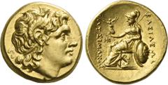 Greek Coins Kings of Thrace, Lysimachus, 323 – 281 and posthumous issues. Stater, Pella (?) 286-281, AV 18 mm, 8.47 g. Diademed head of deified Alexander r. with the horn of Ammon. Rev. ΒΑΣΙΛΕΩΣ – ΛΥΣ