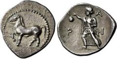 Greek Coins Thessaly, Larissa. Obol circa 440-420, AR 13 mm, 1.04 g. Horse advancing l. Rev. Λ – Α / Ρ – Ι The nymph Larissa striding l., with r. hand raised, bouncing a ball. Herrmann Group F/G IIIβ 