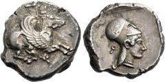 Greek Coins Corinthia, Corinth. Stater 500-450, AR 20 mm, 8.64 g. Pegasus flying r.; below, koppa. Rev. Head of Athena r., wearing Corinthian helmet and pearl necklace; behind, koppa. All within parti