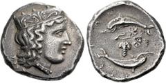 Greek Coins Argolis, Argos. Stater circa 370-350, AR 24 mm, 12.01 g. Head of Hera r., wearing stephane decorated with palmette. Rev. [Α ? Ρ ? Γ?Ι? ΩΝ] Two dolphins swimming in circle; between them, bu