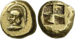 Greek Coins Mysia, Cyzicus. Stater circa 550-475, EL 20 mm, 15.99 g. Head of Athena l., wearing crested Attic helmet; beneath, tunny-fish l. Rev. Quadripartite incuse square. Traité pl. VI, 28. Greenw