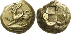 Greek Coins Mysia, Cyzicus. Stater circa 500-450, EL 19 mm, 16.03 g. Griffin crouching l., right forepaw raised; below, tunny. Rev. Quadripartite incuse square. von Fritze 99. Boston, MFA 1455. SNG Fr