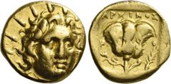 Greek Coins Rhodes. Hemistater circa 125-88, AV 13 mm, 3.38 g. Radiate head of Helios facing three-quarters r. Rev. P – O Rose with bud l.; above, APXINOΣ and in r. field, palm branch. Jenkins, Essays