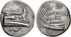 Greek Coins Lycia, Phaselis. Double-siglos circa 250-221, AR 23 mm, 10.30 g. Prow of galley r. decorated with club; below, shrimp r. Rev. APIΣTAPXO / ΦAΣH Stern of galley l.; above, star. SNG von Aulo