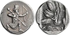 Greek Coins The Achaemenid Kings of Persia. Uncertain Satrap, 359 – 338. Tetradrachm, Western Asia Minor circa 340, AR 24 mm, 15.24 g. The Great King in kneeling-running stance r., holding spear and b