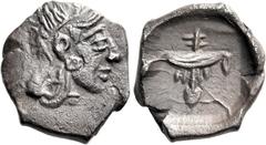 Greek Coins Pharaonic Egypt, Nectanebo II, 359 – 340. Tritartemorion circa 359-340, AR 10 mm, 0.65 g. Helmeted head of Athena r. Rev. Two hieroglyphs: collar with six beads (nub = gold), heart and win