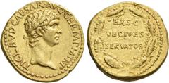 The Roman Empire Claudius augustus, 41 – 54. Aureus 41-42, AV 18 mm, 7.81 g. TI·CLAVD·CAESAR·AVG·GERM·P M·TR·P Laureate head r. Rev. EX·S·C / OB CIVES / SERVATOS within oak wreath. C 34. BMC 16. V on 