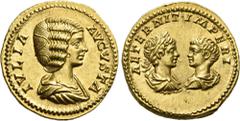 The Roman Empire Julia Domna, wife of Septimius Severus. Aureus 201, AV 20 mm, 7.14 g. IVLIA – AVGVSTA Draped bust r. Rev. AETERNIT IMPERI Confronted busts of Caracalla laureate, draped and cuirassed 