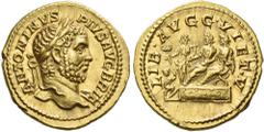 The Roman Empire Caracalla augustus, 198 – 217. Aureus 211, AV 20 mm, 7.37g. ANTONINVS PIVS AVG BRIT Laureate bust r. , wearing aegis. Rev. LIB AVGG VI ET V Geta and Caracalla, laureate and togate, se