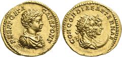 The Roman Empire Geta caesar, 198 – 209. Aureus 201, AV 20 mm, 7.25 g. P SEPT GETA – CAES PONT Bareheaded, draped and cuirassed bust r. Rev. CONCORDIAE AETERNAE Jugate busts r. of Severus, radiate and