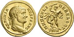 The Roman Empire Maximianus Herculius, 286 – 310. Aureus 294, AV 18 mm, 5.99 g. MAXIMIA – NVS P F AVG Laureate head r. Rev. HERCVL – I DEBELLAT Hercules standing l., fighting Hydra with club in r. han