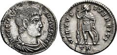 The Roman Empire Magnentius, 350 – 353. Siliqua, Treveri January-February 350, AR 21 mm, 2.79 g. IM CAE MAGNENTIVS AVG Bare-headed, draped and cuirassed bust r. Rev. VIRTVS – EXERCITI Virtus standing 