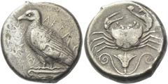 Greek Coins Sicily, Agrigentum Tetradrachm circa 470-440, AR 23 mm, 17.05 g. AKRAC – ΑΝΤΟΣ partially retrograde Eagle standing l., with closed wings; on Ionian capital. Rev. Crab; below, large flower 