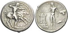 Greek Coins Selinus Didrachm circa 440, AR 24 mm, 8.35 g. Σ – Ε – Λ Ι – NO – TI – ON Heracles, naked, to r., pressing l. knee against Cretan bull and grasping r. horn with l. hand; r. hand wields club
