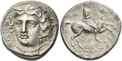 Greek Coins Larissa Drachm circa 380-365, AR 19 mm, 5.84 g. Head of the nymph Larissa facing, turned slightly l., wearing grain-ear wreath, triple-pendant earring and necklace. Rev. ΛΑ – Ρ – ΙΣΑΙΩΝ Ho
