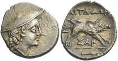 Greek Coins Aetolia, Aetolian Confederacy Triobol circa 205-150, AR 15 mm, 2.50 g. Head of Aetolus r., wearing causia. Rev. AITΩΛΩN Boar r.; below, ΣAP and in l. field, monogram. In exergue, spear-hea