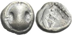 Greek Coins Boeotia, Thebes Stater circa 450-440, AR 20 mm, 11.51 g. Beotian shield. Rev. [+ΕΒΑ – ΙΟΝ] Heracles kneeling r., stringing bow held in his r. hand; in field r., club. The whole within incu