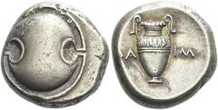 Greek Coins Boeotia, Thebes Stater circa 379-368, AR 20 mm, 12.22 g. Boeotian shield. Rev. Amphora; across field, [Δ]A – IM. All within incuse concave circle. Hepworth 18. Head, Boeotia p. 64. BCD Boi