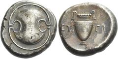 Greek Coins Boeotia, Thebes Stater circa 379-368, AR 22 mm, 12.13 g. Boeotian shield. Rev. Amphora; across field, EY – ΓI. All within incuse concave circle. Hepworth 45. Head, Boeotia p. 64. BCD Boiot
