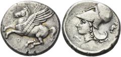 Greek Coins Corinthia, Corinth Stater circa 375-300, AR 21 mm, 8.55 g. Pegasus flying l.; below, koppa. Rev. Head of Athena l., wearing Corinthian helmet; in r. field, owl on club and in l. field, I. 