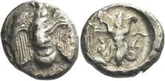Greek Coins Elis, Olympia Stater circa 460, AR 22 mm, 10.90 g. Eagle flying r., grasping snake with its talons and its beak. Rev. F – A Thunderbolt with volutes above and wings below. Seltman 10a (thi