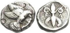 Greek Coins Elis, Olympia Stater circa late 450s, 82-87 Olympiad, AR 23 mm, 12.14 g. Eagle flying r., grasping snake in its beak and talons. Rev. F – A Thunderbolt upright, with volutes above and wing