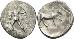 Greek Coins Phaestus Stater circa 300-270, AR 26 mm, 11.58 g. ΦAIΣTIΩN Heracles advancing l.., raising club and fighting Hydra. Rev. Cretan bull advancing r. Svoronos, Crète 53 and pl. 24, 16 var. (bu