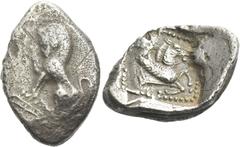 Greek Coins Lycia, Uncertain dynast Stater, Tlos (?) circa 480, AR 25 mm, 9.18 g. Lion seated l., head facing, raising r. foreleg. Rev. Forepart of Pegasus r. with curved wing. All within dotted squar