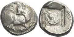 Greek Coins Lycia, Uncertain dynast Stater circa 480-460, AR 21 mm, 9.44 g. Bull kneeling r., head turned l. Rev. Head of a ram l. within dotted square within incuse square. Müseler II, 29. Vismara 64