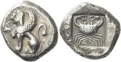 Greek Coins Lycia, Uncertain dynast Stater circa 480-460, AR 19 mm, 9.14 g. Sphinx seated l., raising its r. foreleg. Rev. Crab, within an incuse circle. SNG von Aulock 8467. Vismara pl. VI, 52 (this 