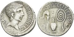 The Roman Republic C. Caesar Octavianus. Denarius, mint moving with Octavianus 37, AR 19 mm, 3.84 g. IMP·CAESAR – DIVI·F·III·VIR·ITER·R P·C Bearded head of Octavian r. Rev. COS·ITER·ET·TER·DESIG Simpu